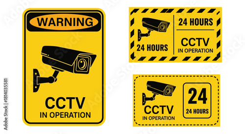 Security Surveillance Warning Signs Alerting to 24/7 CCTV Camera Video Monitoring in Use for Crime Prevention, Safety, and Loss Prevention Across Businesses, Homes, and Public Spaces, Promoting Profes