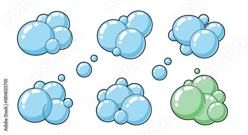 Cartoon Bubbles Floating: Cleansing Elements Graphic for Spa & Bathroom Concepts, Clean Water Symbol, Decorative Illustration, Design Element, Hygiene, Freshness, Light Blue & Green Palette, Wellness