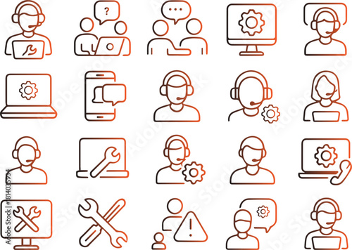A collection of thin line icons representing customer support, technical assistance, help desk agents, computer repair, and communication concepts for digital design