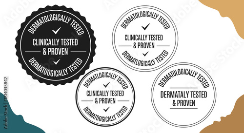 Dermatologically Tested Product Seals Displayed for Skincare Marketing: Clinical Proof, Medical Assurance, Hygiene Standard, Quality Assurance in Cosmetology, Healthcare Graphics, Beauty Icon Set for