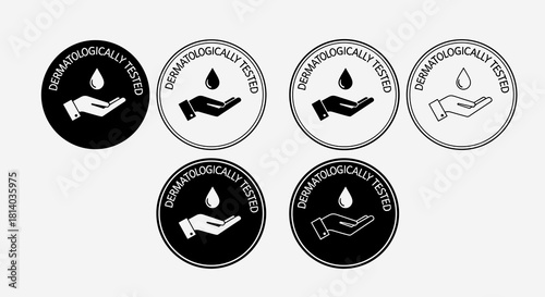 Dermatologically Tested Badges for Skincare Products: A Collection of Icon Stamps, Showcasing Water Drop on Hand Symbolizing Gentle Care, Suitable for Cosmetics Packaging and Marketing, Medical Assura