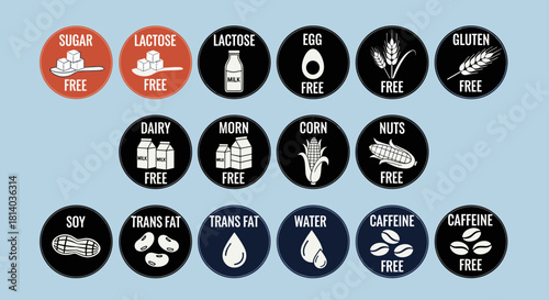 Allergen Information Icons Displaying Dietary Restrictions and Food Intolerances for Healthy Eating and Special Diets, Promoting Wellness and Nutritional Awareness in Modern Lifestyle Design (Vector G