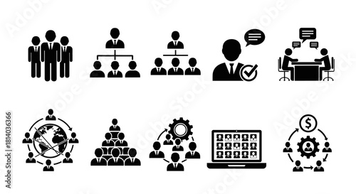Diverse Teamwork Icons Illustrating Global Business Networking and Organizational Structure for Modern Collaboration in Presentations, Websites, and Marketing Materials, Portraying Corporate Hierarchy