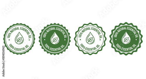 Authentic Green Essential Oil Labels for Natural Products Marketing Campaign: Eco-Friendly Aromatherapy Badges Emphasizing Purity, Organic Wellness, and Sustainable Beauty in Healthcare, Business, and