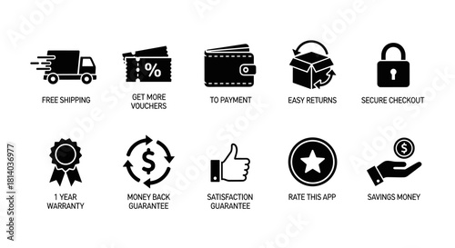 E-Commerce Benefits Icons Set Promoting Online Shopping Advantages: Free Shipping, Vouchers, Secure Payment, Easy Returns, Warranty, Guarantee Checkout for Business, Marketing, Web Design & User Trust