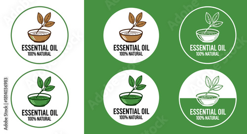 Natural Essential Oil Logo Designs Showcasing Plant Extracts in Bowls for Aromatherapy and Holistic Wellness, Ideal for Branding Organic Products and Promoting a Healthy Lifestyle, with Green Accents