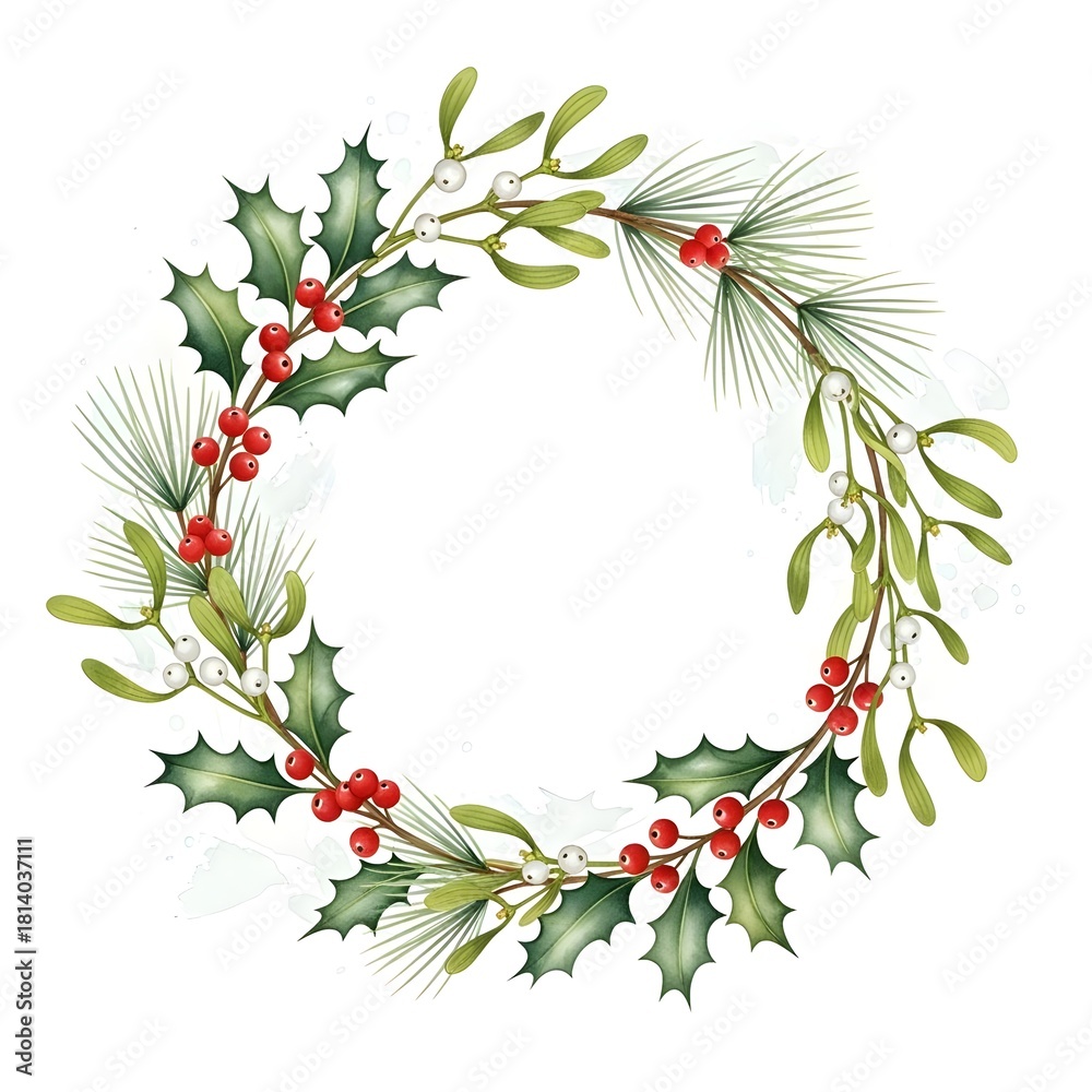 Fototapeta premium Watercolor Holly Mistletoe Christmas Wreath Illustration