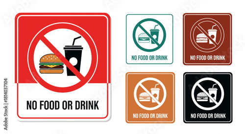 Prohibiting Food and Drinks in Varied Hues: Icon Set Illustrating No Eating or Drinking Zones for Businesses, Cafeterias, and Public Spaces, Preventing Consumption, Promoting Health, Safety, and Compl
