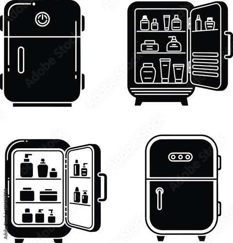Mini cosmetics skin care fridge black silhouette vector icon set for beauty and personal hygiene product preservation.