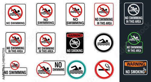Set of Warning Signs Indicating No Swimming and No Smoking in Various Locations:  Safety Regulations for Public Spaces,  Protecting Health and Preventing Accidents in Recreation Areas and Facilities (