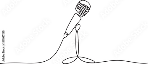 Continuous Line Art Microphone on Stand. continuous line drawing. one line Icon drawing with white background