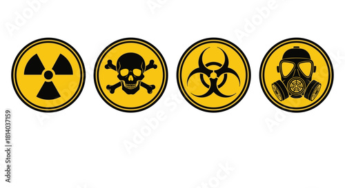 Hazardous Materials Warning Signs Composition Illustrating Risks of Radiation, Toxicity, Biohazard, and Respiratory Dangers for Presentations, Websites, Education, Health, Science, and Industry Safety
