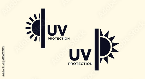 Sun Protection Graphic Designs Displaying Shielding from Harmful Ultraviolet Rays, Ideal for Skincare Branding, Promoting Summer Wellness, Dermatological Health & Safety Messages; Stylish Modern Black
