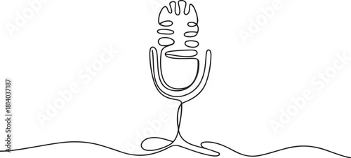 Continuous Line Art Microphone on Stand. continuous line drawing. one line Icon drawing with white background