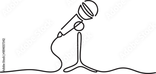 Continuous Line Art Microphone on Stand. continuous line drawing. one line Icon drawing with white background
