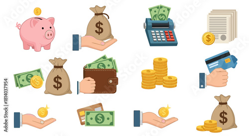 Illustrative Money & Finance Icons Representing Savings, Investment, and Wealth Management for Business and Personal Use, Featuring Piggy Banks, Bags of Cash, Credit Cards, Coins, and Documents, in a