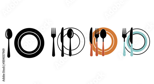 Elegant Place Setting Presentation Illustration: Tableware with Plates, Forks, Spoons, and Knives for Formal Dining Event Invitation Design, Restaurant Menu Template, Catering Service Advertisement wi