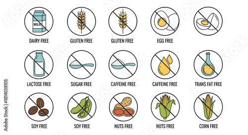 Allergen-Free Food Icons Demonstrating Dietary Restrictions for Health & Wellness Presentations: Dairy, Gluten, Egg, Lactose, Sugar, Caffeine, Soy, Nuts & Corn Exclusion, Clean Eating, Nutrition Aware