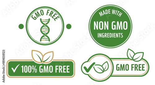 GMO Free Food Labels Promoting Healthy Eating and Sustainable Agriculture: Assorted green and gold vector icons communicate non-GMO ingredients for product marketing, nutrition, health, and wellness p