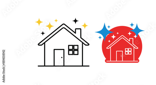 Sparkling Clean Home Icons Illustrating Pristine Housekeeping Services & Real Estate Value, Bright Line Art in Red & Blue, Concept for Property Management, Ideal for Advertising & Marketing, Modern De