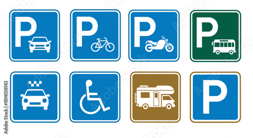 Parking Spaces and Facilities Signage for Various Transportation Vehicles: Including Car, Bicycle, Motorcycle, Bus, Taxi, Accessible Parking, RV - Ideal for City Planning, Transportation Design and Pr