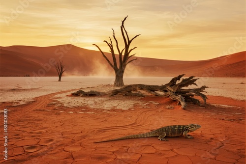 Fototapeta Naklejka Na Ścianę i Meble -  A lizard rests on cracked red earth near a dead tree in a desert landscape at sunset