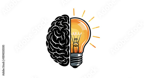 Brainstorming Idea Generation Concept Illustration with Human Brain and Light Bulb Combining for Creative Thinking and Innovation in Business, Education, Technology, Modern Design, Solution, Thinking