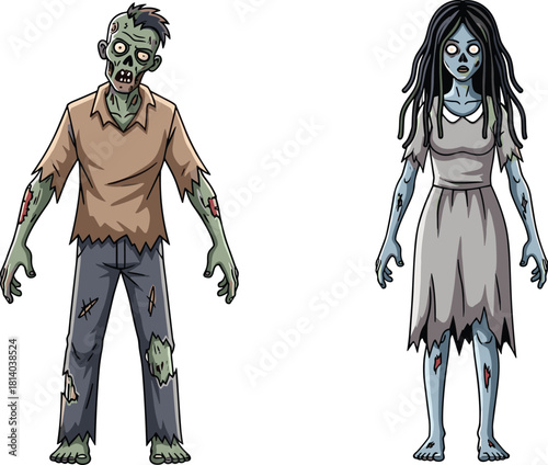 Frightening male and female zombies standing set with decaying green skin, tattered clothes, and lifeless eyes, perfect for horror games and Halloween graphics.