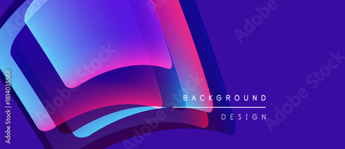 Abstract shapes overlap, creating vibrant gradients. Purple dominates background, accented by blue, pink hues. Modern design elements present.