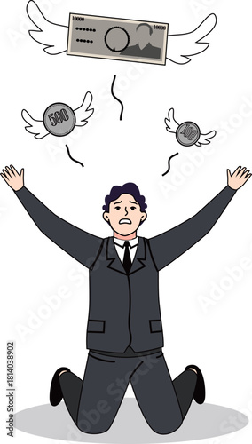 お金が飛んでいき嘆くサラリーマンのイラスト