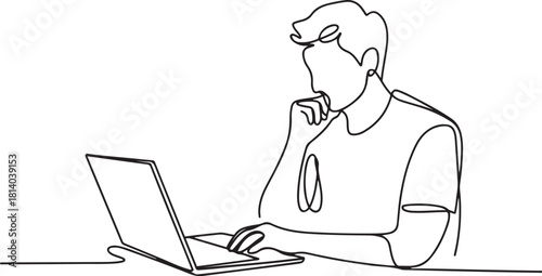 thoughtful young man working on laptop at workplace having some questions. line icon-continuous line drawing. one line Icon drawing with white background