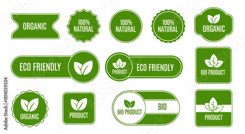 Eco-Friendly Product Labels Promoting Sustainability for Green Businesses and Organic Food Marketing Campaigns on White Backdrop, Showcasing Natural and Bio Products for Healthy Lifestyle Presentation