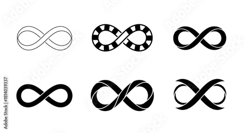 Infinity Symbol Silhouette Vector Showing Stylistic Variations — Thin Line, Thick Banded, Twisted, Intersected

