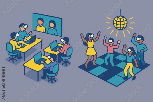 Wallpaper Mural Virtual interaction and digital dance party depiction showcasing diverse individuals immersed in immersive experiences and connecting through technology in modern social landscapes Torontodigital.ca