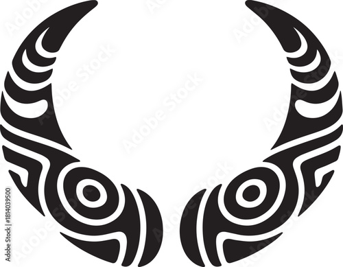 Black tribal design featuring two curved shapes with swirling patterns