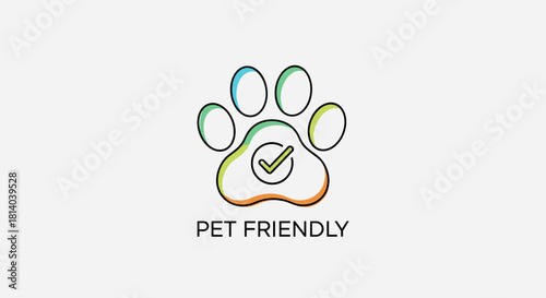 Pet-Friendly Establishment Promoting Animal Welfare: Paw Print Symbol with Checkmark Promoting Acceptance of Companion Animals in Hotels & Rental Properties, A Modern Icon for Veterinary Practices & P