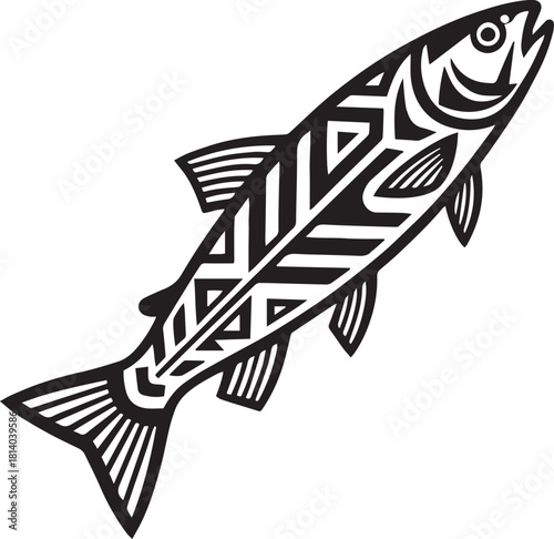 Stylized black and white illustration of a trout  fish with tribal patterns