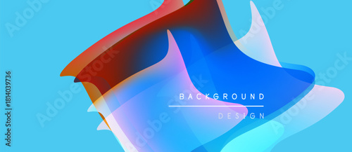 Abstract fluid shapes overlap, creating vibrant color gradients. Blue background enhances dynamic visual effect. Text reads background design.