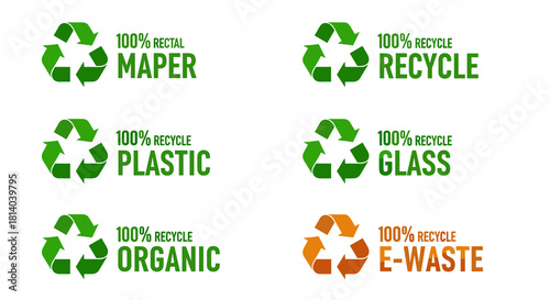 Recycling Symbols Collection: Diverse Eco-Friendly Materials, Circular Economy Concept for Sustainable Practices, Waste Management, Environmental Awareness Campaign Graphics, Green and Orange Design,