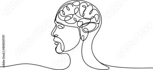 Continuous one line drawing men head and brain inside. The concept of thinking ideas inside the person's head. one line Icon drawing with white background