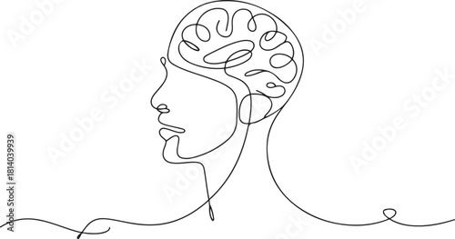 Continuous one line drawing men head and brain inside. The concept of thinking ideas inside the person's head. one line Icon drawing with white background