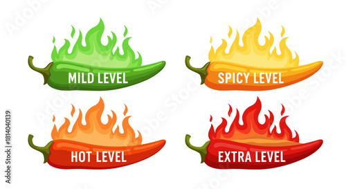 Spicy Pepper Levels Ranking with Flames Illustration for Culinary Heat Scale Guide in Restaurant Menu and Food Packaging Design, Creative Spicy Challenge and Taste Test Presentation, Hot Food Review,