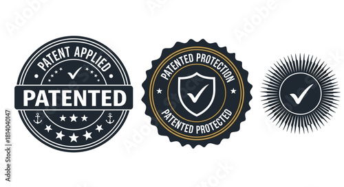 Set of Vector Patented Stamps Illustrating Exclusive Rights & Legal Protection for Inventions in Business & Tech, Emphasizing Innovation & Security, Ideal for Presentations & Marketing Material, Demon