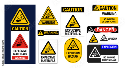 Explosive Materials Warning Signs Set: Cautionary Workplace Safety Labels with Detonator Graphics in Yellow, Red, and Blue for Construction, Mining, Demolition Hazards and Explosives Handling (200 cha