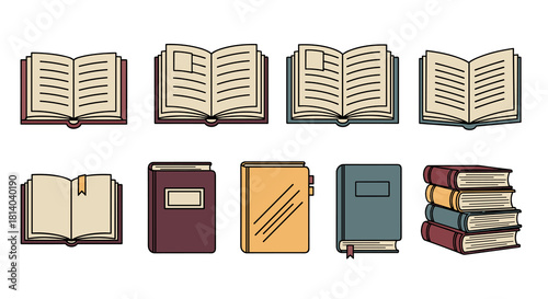 Collection of Colorful Cartoon Books Opened and Closed - Vector Illustration for Education, Libraries, Storytelling, and Literature Projects - Modern Graphic Style with Vibrant Covers and Simple Line