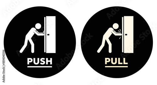 Door Signage Guiding Entry and Exit, Indicating Push or Pull Action in Modern Black and White Design for Commercial Spaces, Office Buildings, and Retail Environments, Promoting Safety and Accessibilit