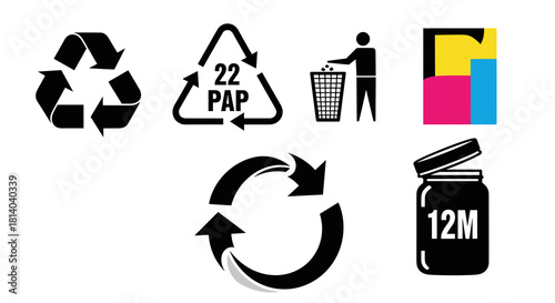 Recycling and Disposal Icons Set: Promoting Sustainable Practices, Environmental Awareness, and Responsible Waste Management for Eco-Conscious Businesses and Consumers; Graphic Elements, Waste Reducti