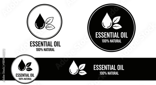 Essential Oil Drop with Leaves for Aromatherapy Product Label Design, Showcasing Natural Wellness and Holistic Health in a Minimalist Style for Spa Marketing and Eco-Friendly Branding. A Modern Graphi