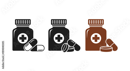 Pills and Medications in Bottles: Pharmaceutical Products for Healthcare & Wellness Presentations. Vitamins, Supplements, Treatment, Capsules for Disease, Medical. Pharmacy Icons for Website, Marketin