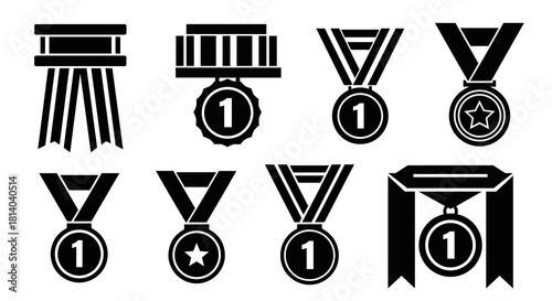 Achieving Victory: First Place Medals Celebrating Success in Competition, Awarding Excellence in Business and Sports, Symbolizing Triumph in Education, Presented in a Set of Black and White Icons for